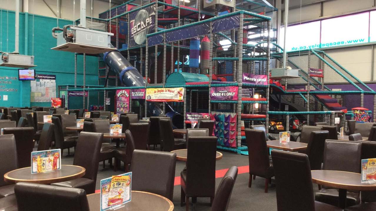 Indoor soft play frame and cafe area at Escape Play in Nottingham Indoor soft play frame and cafe area at Escape Play in Nottingham