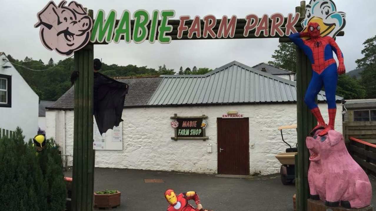Superhero characters at entrance of Mabie Farm Park in Dumfries Superhero characters at entrance of Mabie Farm Park in Dumfries