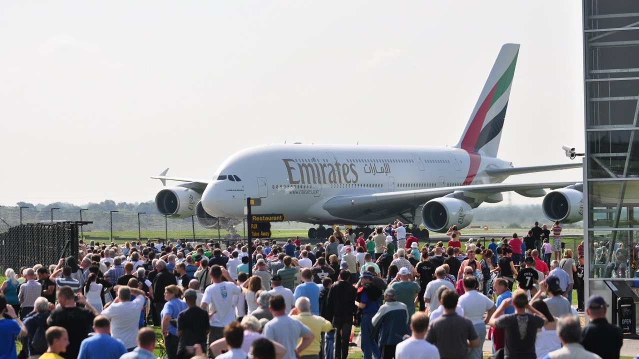 Emirates airplane at The Runway Visitor Park in Altrincham