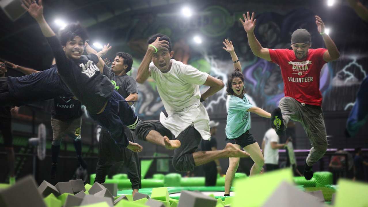 People jumping into foam pit at Flip Out Sandwell in Oldbury People jumping into foam pit at Flip Out Sandwell in Oldbury