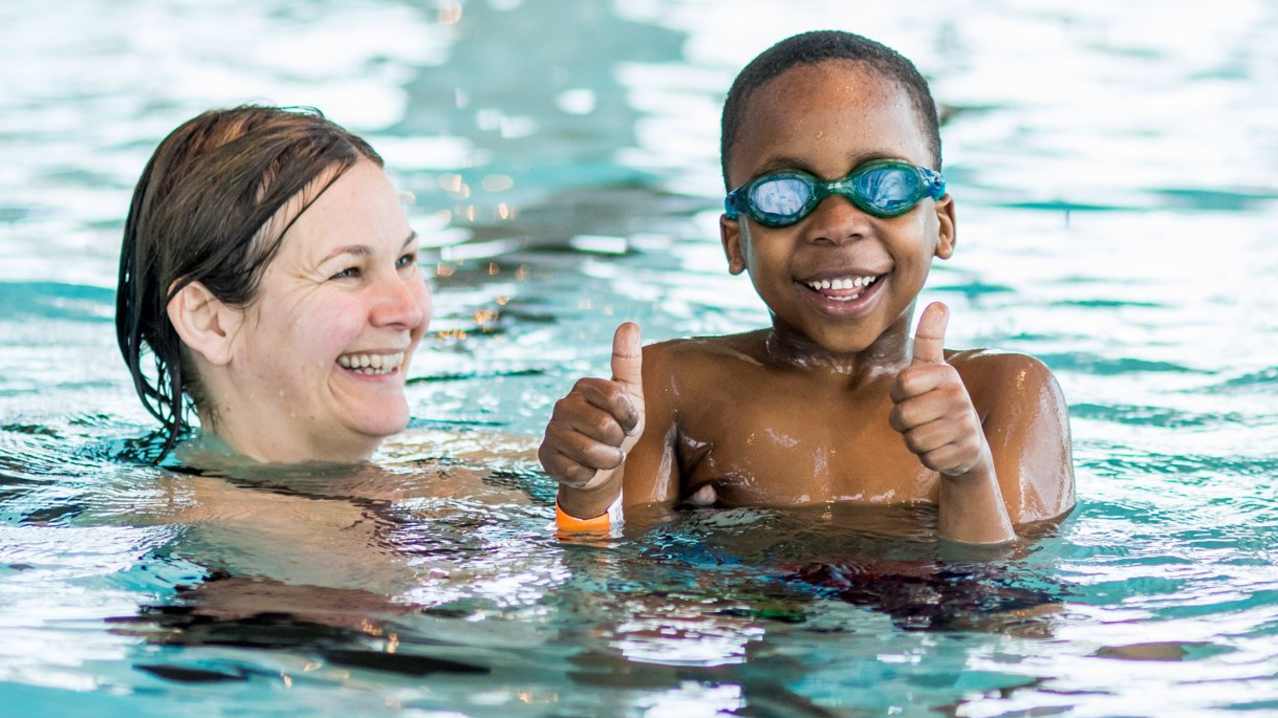 Mum and son swimming at Splashpoint in Worthing Mum and son swimming at Splashpoint in Worthing