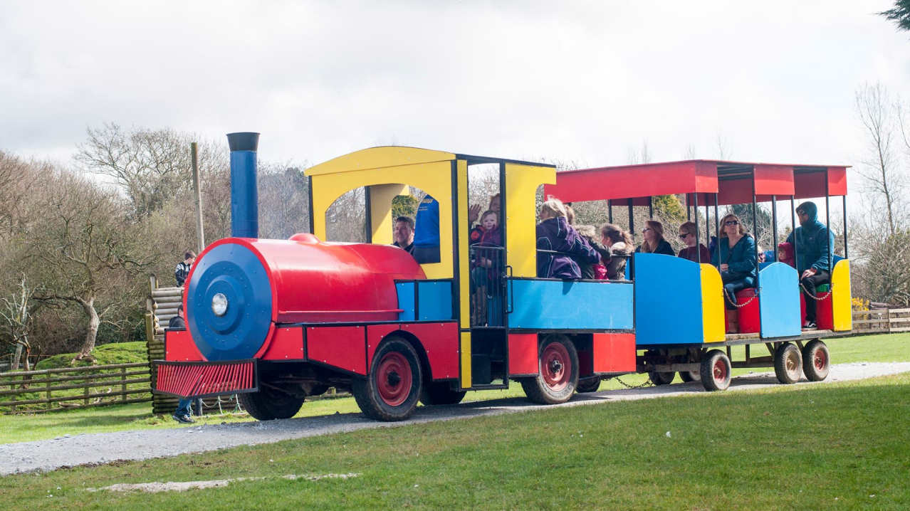 Passengers on train at Springfields Fun Park and Pony Centre in Newquay