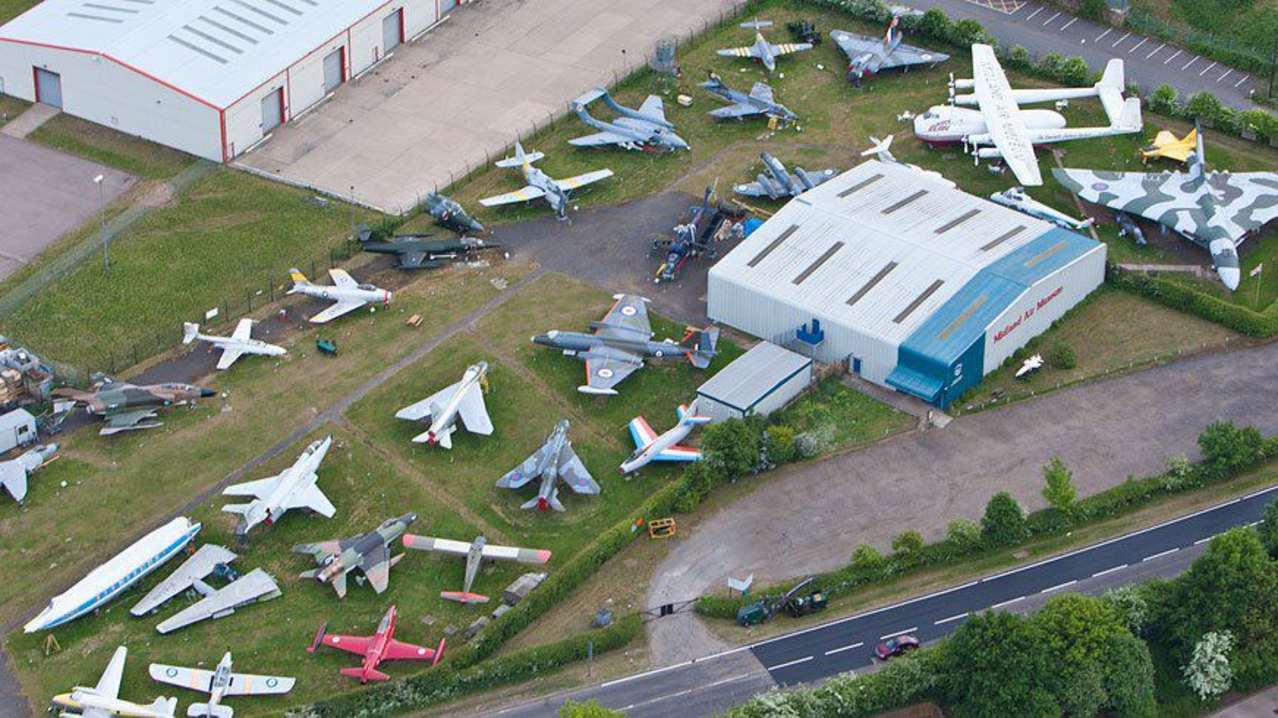 Aerial view of aircrafts at Midland Air Museum in Baginton