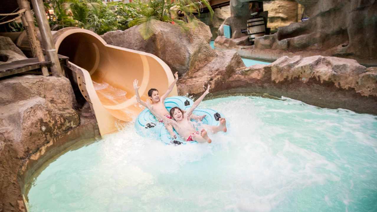 Boys on water slide at The Alton Towers Waterpark