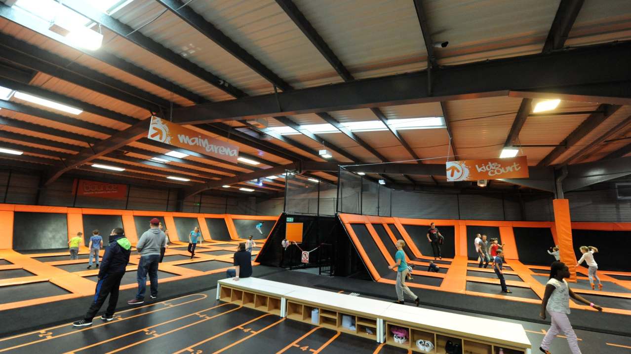 Kids jumping on trampolines at Bounce Indoor Trampoline Park in Milton Keynes