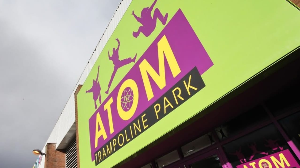 Entrance sign of Atom Trampoline Park in Reading Entrance sign of Atom Trampoline Park in Reading
