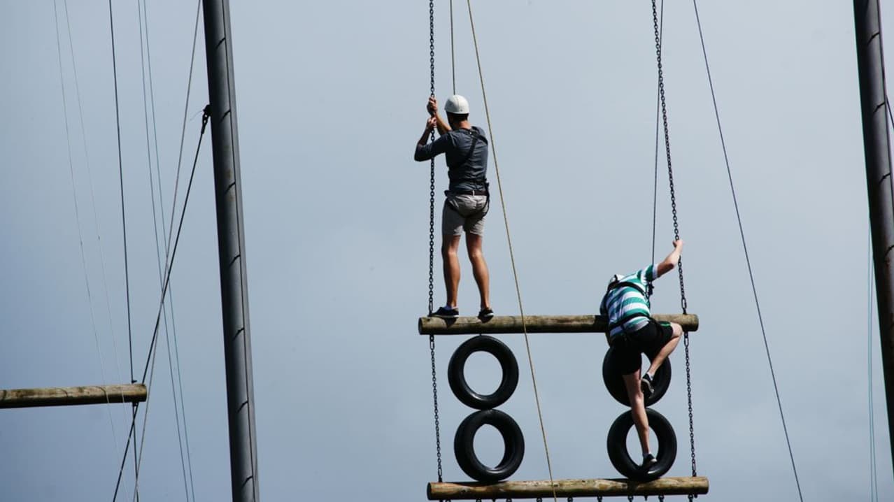 People on climbing challenge at Ballyhass Lakes Adventure Centre in Mallow People on climbing challenge at Ballyhass Lakes Adventure Centre in Mallow