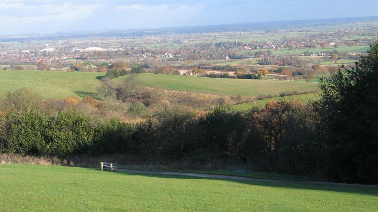 Hill top view of Hartshill Hayes Country Park and city in Nuneaton