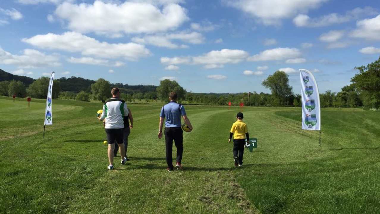 Family at Footgolf at Basset Down Golf Complex in Swindon Family at Footgolf at Basset Down Golf Complex in Swindon