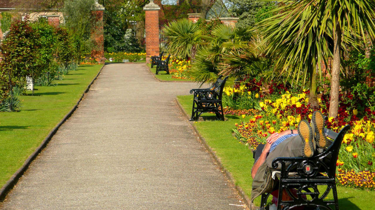 Man resting in gardens at Castle Park and Gardens in Colchester Man resting in gardens at Castle Park and Gardens in Colchester