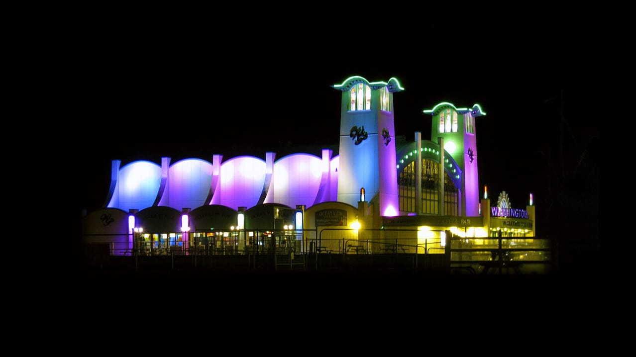 Outside view of Wellington Bowl at night on Wellington Pier