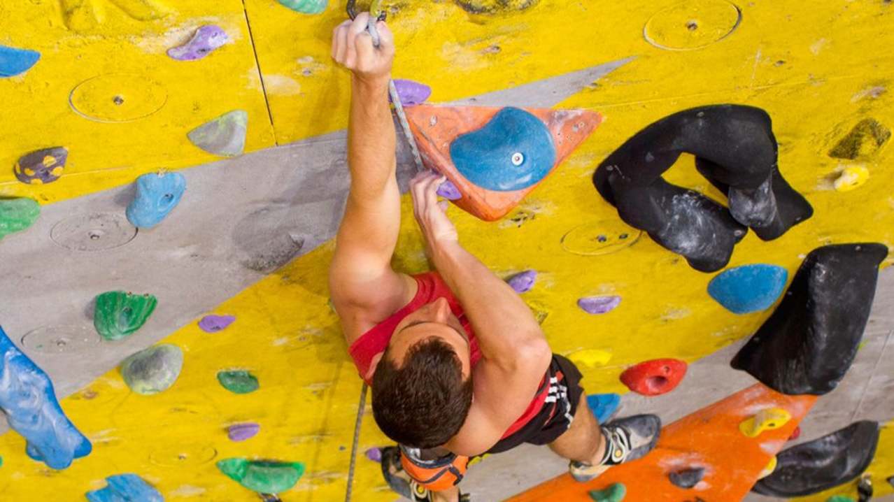 Man rock climbing at Foundry Climbing in Sheffield