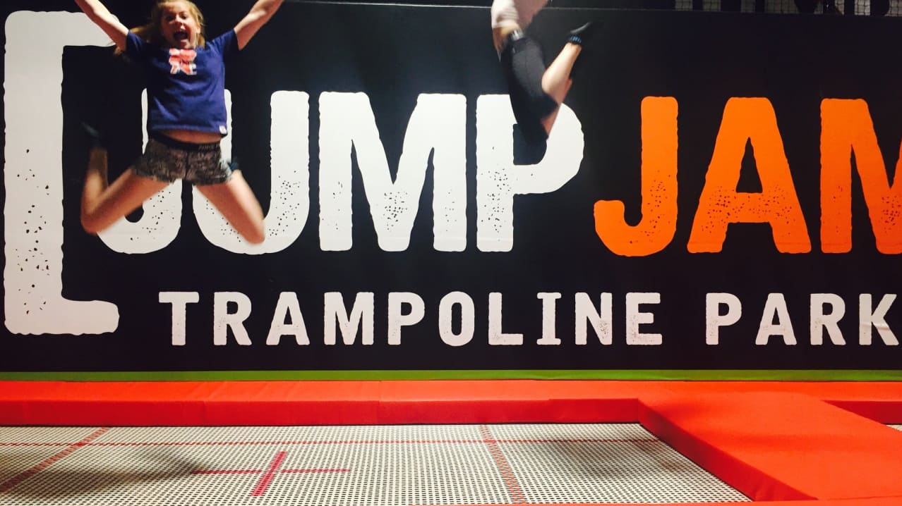 Girls jumping on trampolines at Jump Jam Trampoline Park in Bridgend Girls jumping on trampolines at Jump Jam Trampoline Park in Bridgend