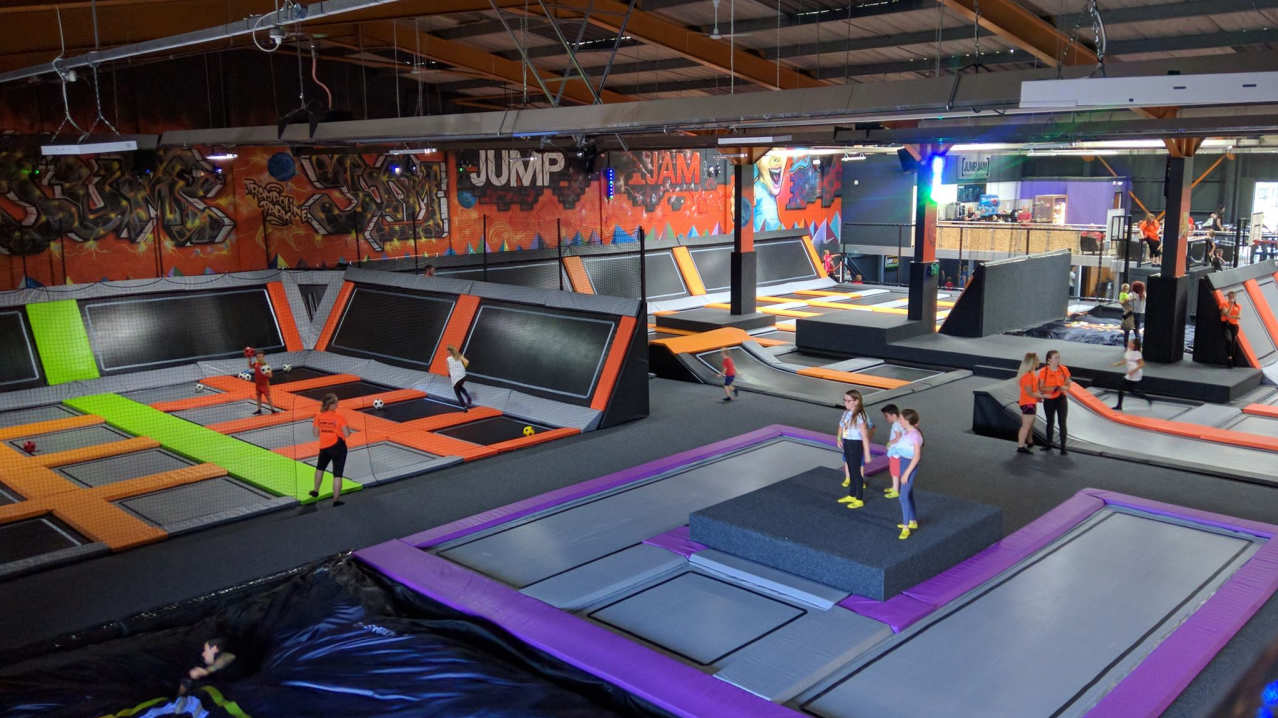 Kids jumping on trampolines at Jump Jam Trampoline Park in Bridgend Kids jumping on trampolines at Jump Jam Trampoline Park in Bridgend