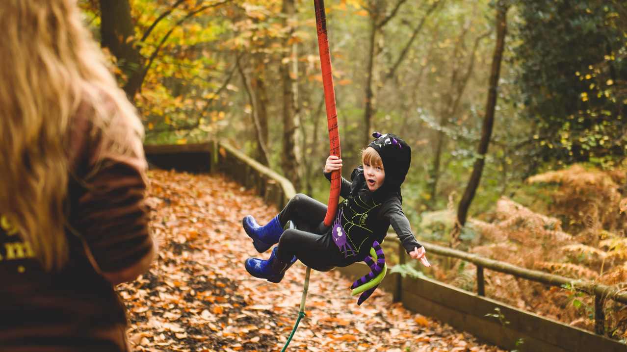 girl playing in adventure park in witch costume girl playing in adventure park in witch costume