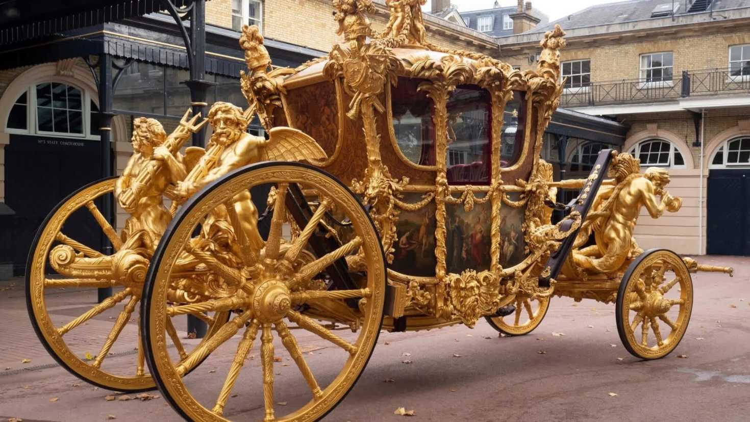 Gold State Coach at the Royal Mews, an opulent ceremonial carriage used for British coronations and royal processions