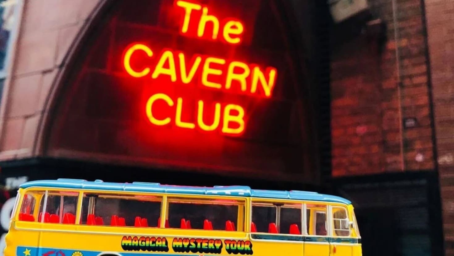 Model of the Magical Mystery Tour bus outside the Cavern Club in Liverpool.