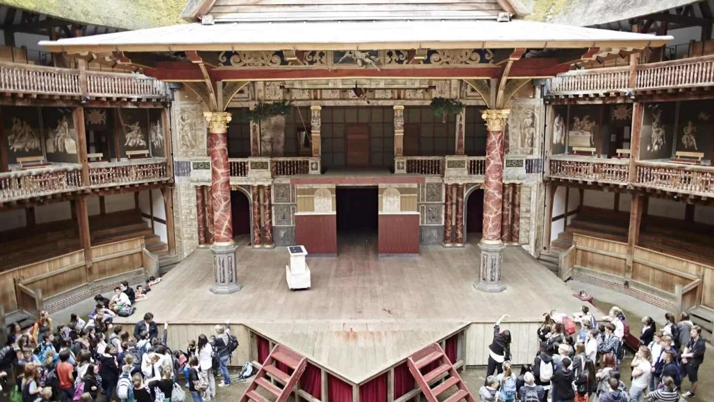 straight on view of the stage at The Globe theatre