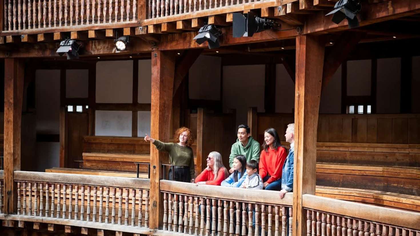 Balcony view during guided tour inside Shakespeare’s Globe Theatre.