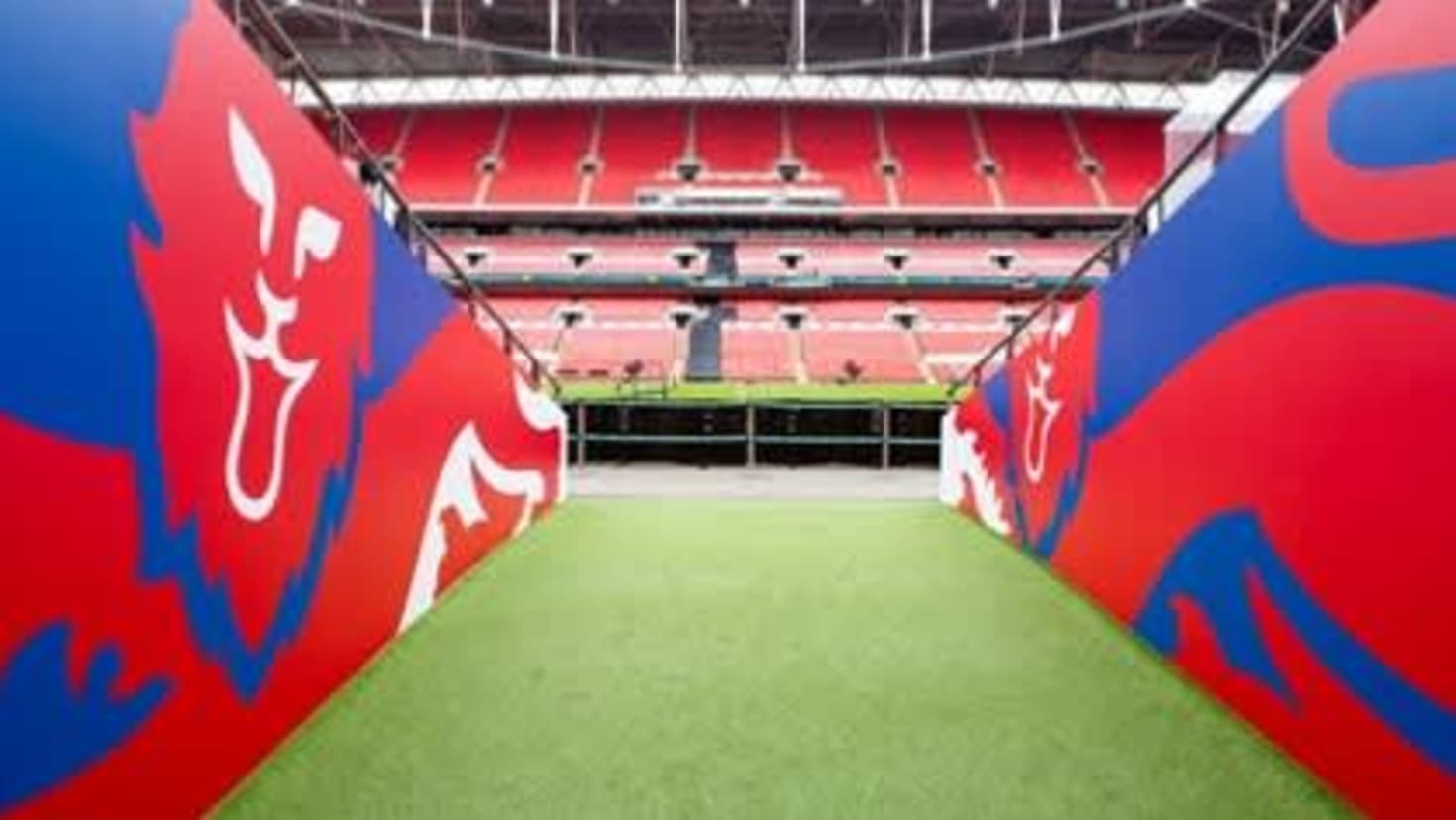 View from the players tunnel of the pitch at Wembley Stadium