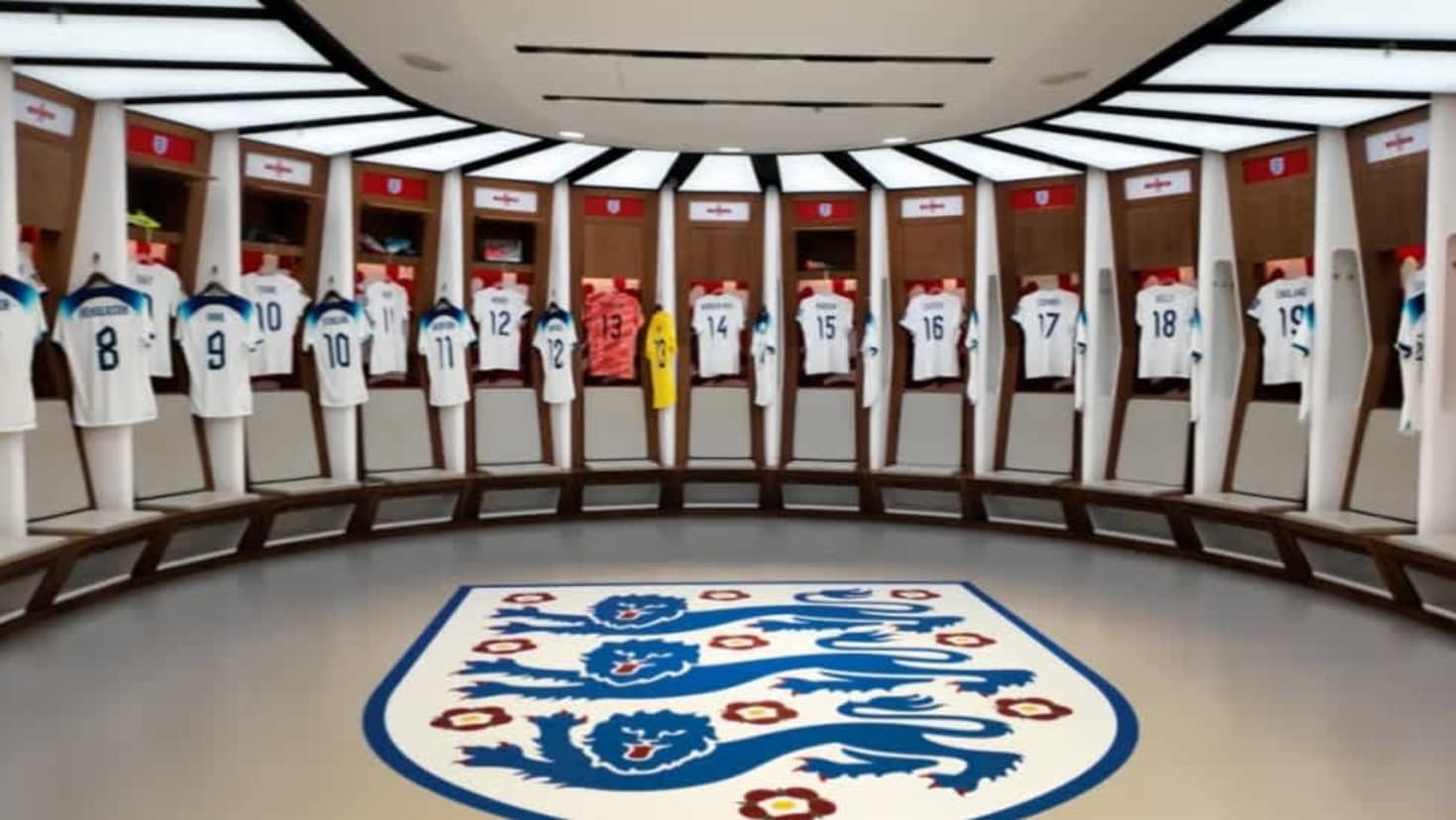 England team dressing room at Wembley Stadium with player shirts on display for tour visitors