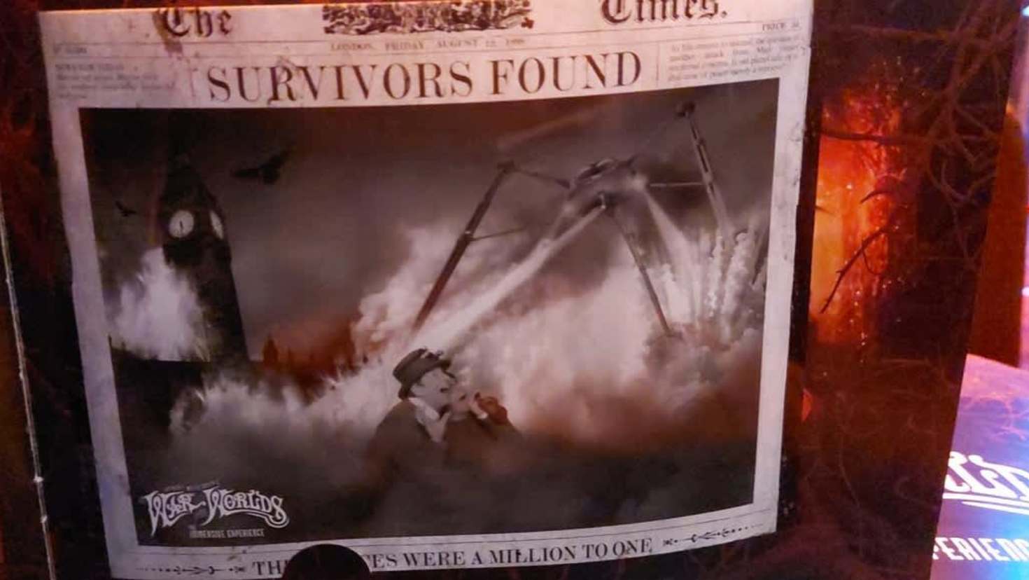 Themed newspaper titled “Survivors Found” featuring a tripod fighting machine, part of Jeff Wayne’s War of the Worlds immersive experience for ticket holders. Themed newspaper titled “Survivors Found” featuring a tripod fighting machine, part of Jeff Wayne’s War of the Worlds immersive experience for ticket holders.