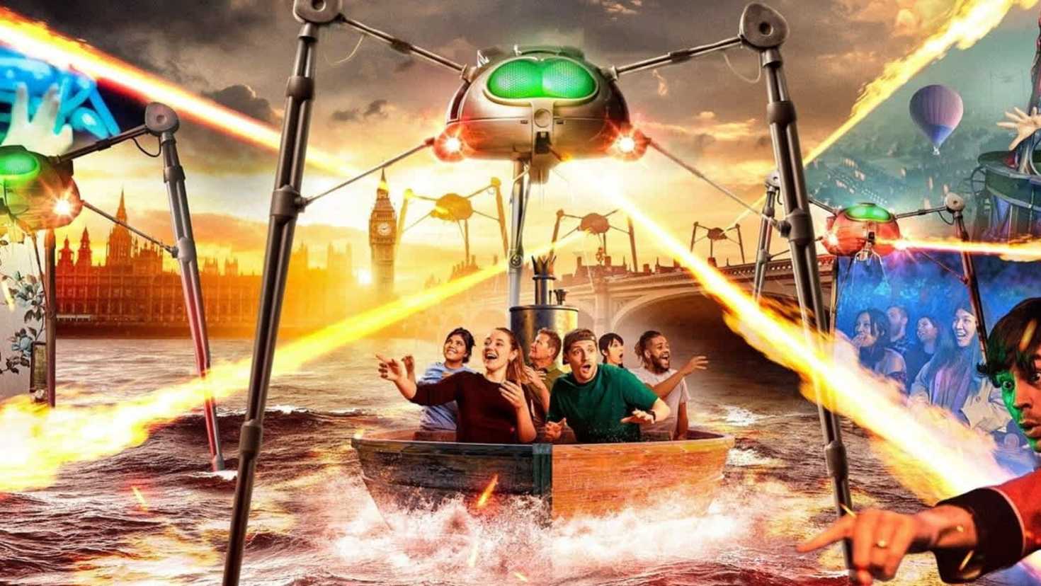 Guests in a boat ride through a dramatic alien attack scene with tripod fighting machines at Jeff Wayne’s War of the Worlds immersive experience, available with Jeff Wayne’s War of the Worlds tickets.
