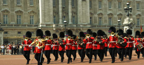 Grenadier Guards marching at Buckingham Palace in London