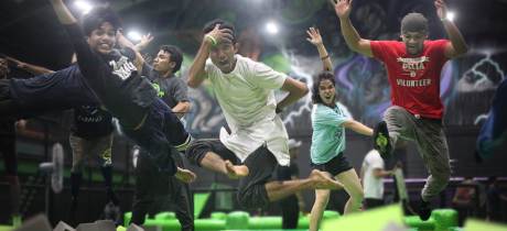People jumping into foam pit at Flip Out Sandwell in Oldbury