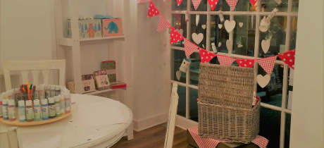 Display window at Paint On Me Boutique Pottery Studio in Chepstow