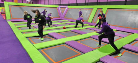 People playing dodgeball at Atom Trampoline Park in Reading