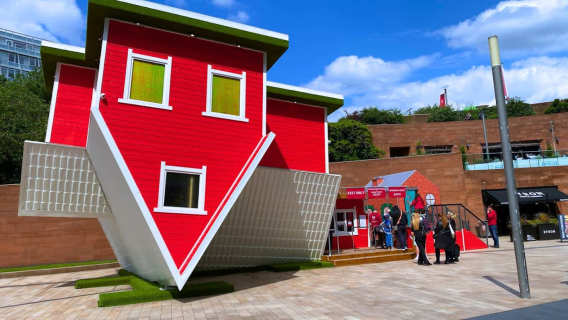 Exterior of Upside Down House Liverpool at Liverpool ONE shopping complex