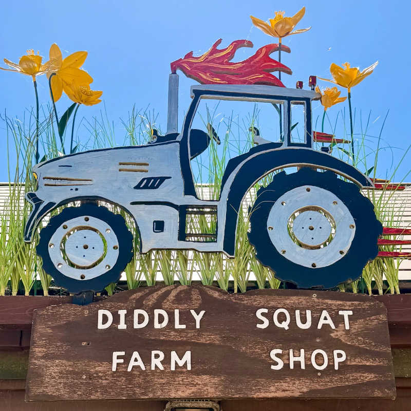 Our first glimpse of the famous Diddly Squat Farm Shop – the start of a visit we’d been looking forward to for a long time.
