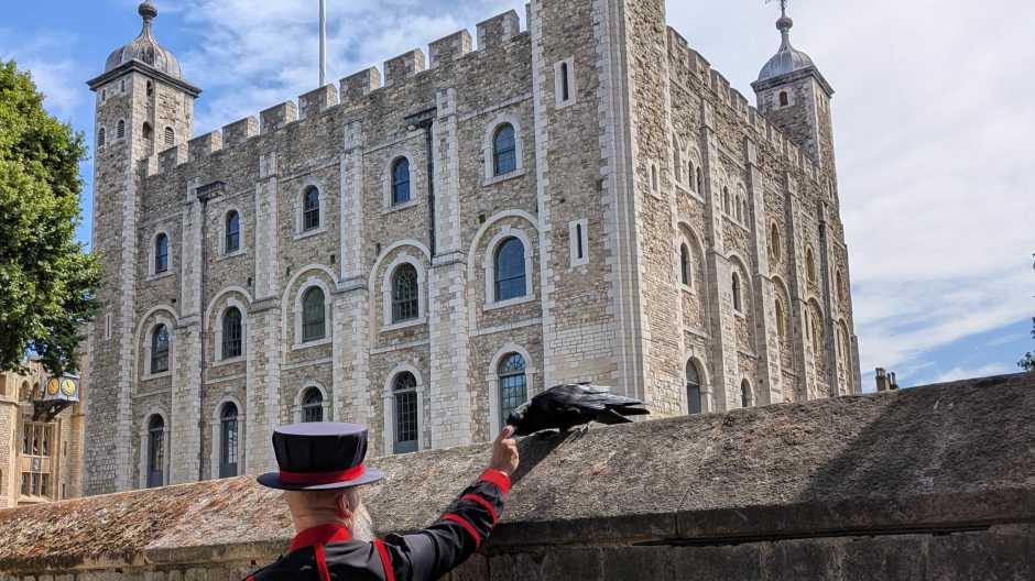 Yeoman Guard feeding raven Yeoman Guard feeding raven
