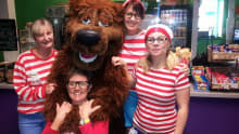 Staff dressed as Where's Wally with Mascot at Bear Feet Playcentre in Abbot