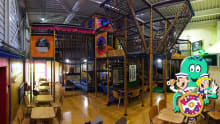 Indoor soft play frame and cafe area at Kidz Ahoy at Roe Valley LC in Limavady
