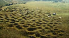 Aerial view of ancient flint mines at Grimes Graves in Thetford