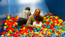 Family in ball pit at The Big Play Barn in Tamworth