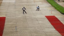 Skiers on dry ski slope at Firpark Ski Centre in Tillicoultry