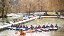 Kids and instructors in kayaks at Longridge Activity Centre in Marlow