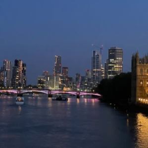 Night view of the River Thames, Westminster Bridge and London skyline from the Taylor Swift Singalong Bus Tour.