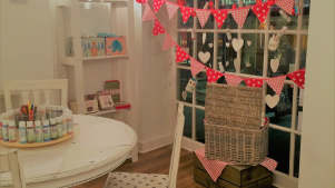 Display window at Paint On Me Boutique Pottery Studio in Chepstow