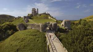 Aerial view of Corfe Castle in Wareham