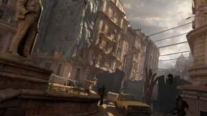 Hyper-realistic virtual reality cityscape scene featuring abandoned buildings and statues, used in immersive VR escape room games