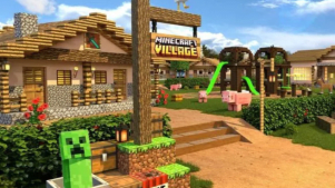 A vibrant Minecraft village scene with wooden houses, pigs, and a creeper in a minecart beneath a “Minecraft Village” sign. A chicken stands on top of the sign and TNT blocks sit at the base, capturing the game’s playful danger.