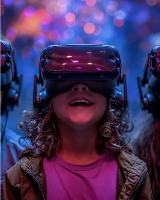 Image of young boy smiling wearing a VR headset