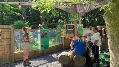 A zookeeper leads an outdoor raccoon talk for families seated on log benches under a forest canopy at Hoo Zoo.