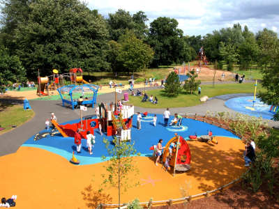 Outdoor playground and water areas at Danson Splash Park in Bexleyheath