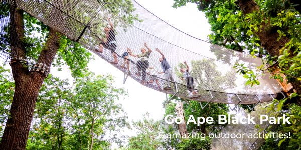 A group walking on a net bridge at Go Ape Black Park