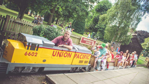 Families on train at Grosvenor Park Miniature Railway in Chester